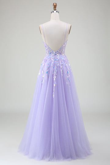 A-Line Purple Spaghetti Straps Sequin Ball Dress with Sequins
